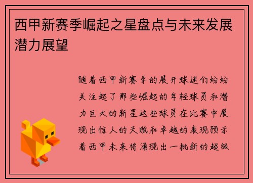 西甲新赛季崛起之星盘点与未来发展潜力展望